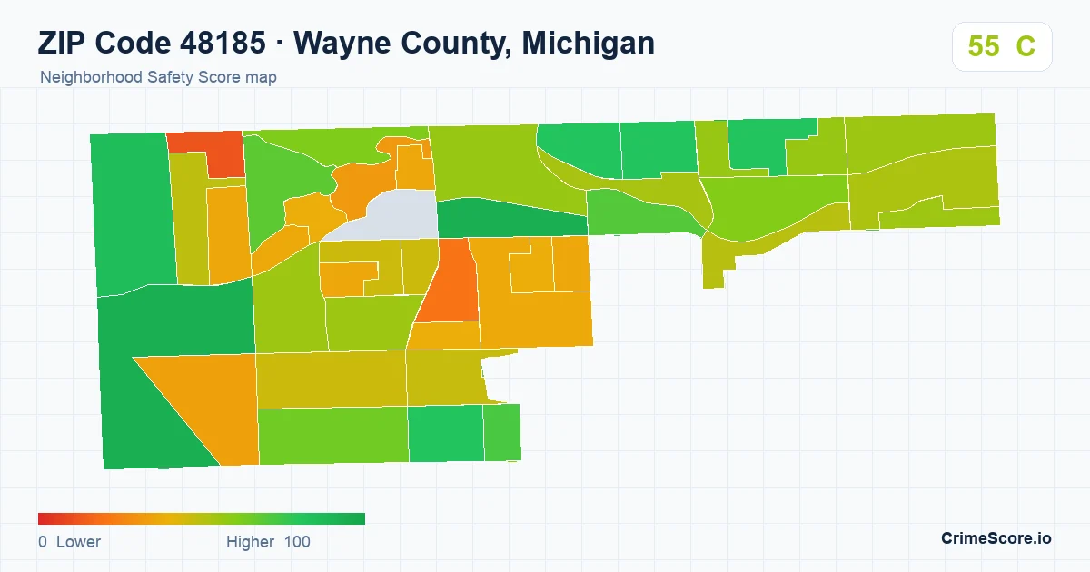 ZIP Code 48185 in Wayne County, Michigan neighborhood Safety Score map