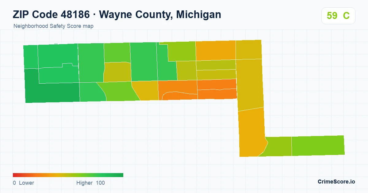 ZIP Code 48186 in Wayne County, Michigan neighborhood Safety Score map