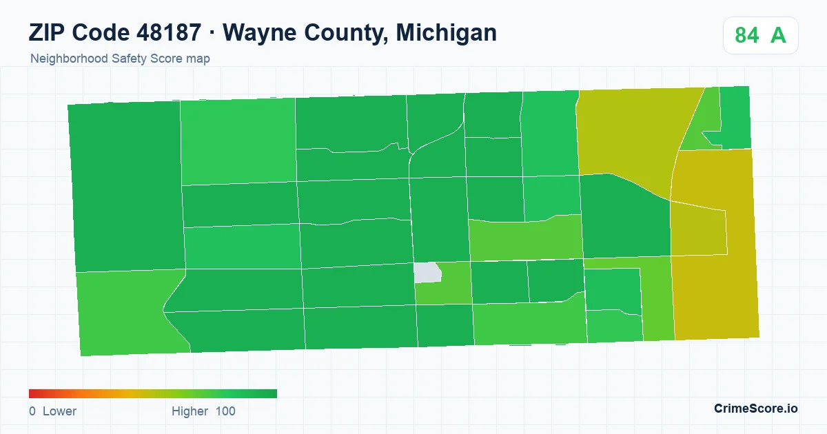ZIP Code 48187 in Wayne County, Michigan neighborhood Safety Score map