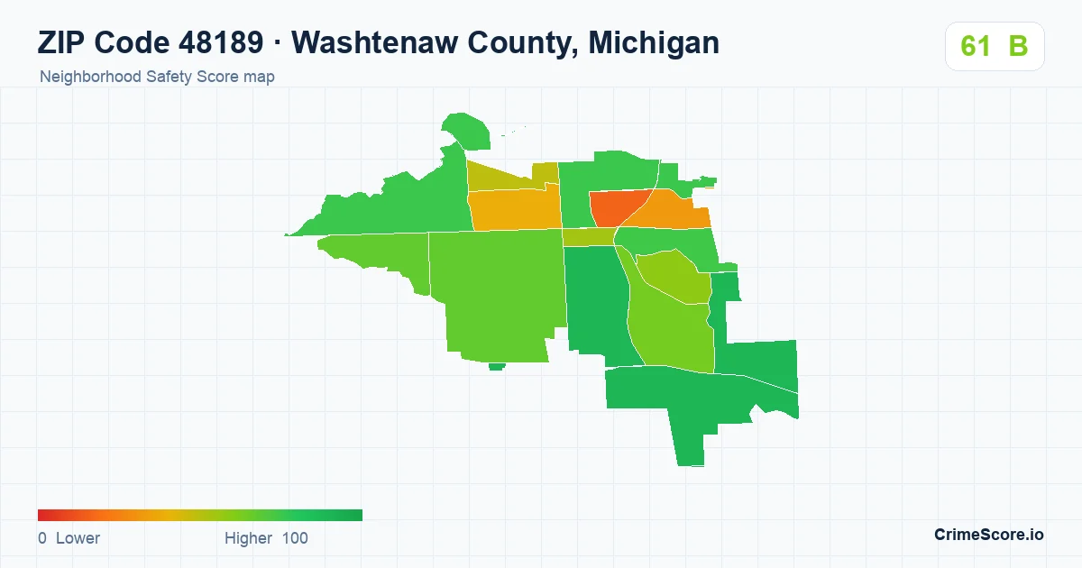 ZIP Code 48189 in Washtenaw County, Michigan neighborhood Safety Score map