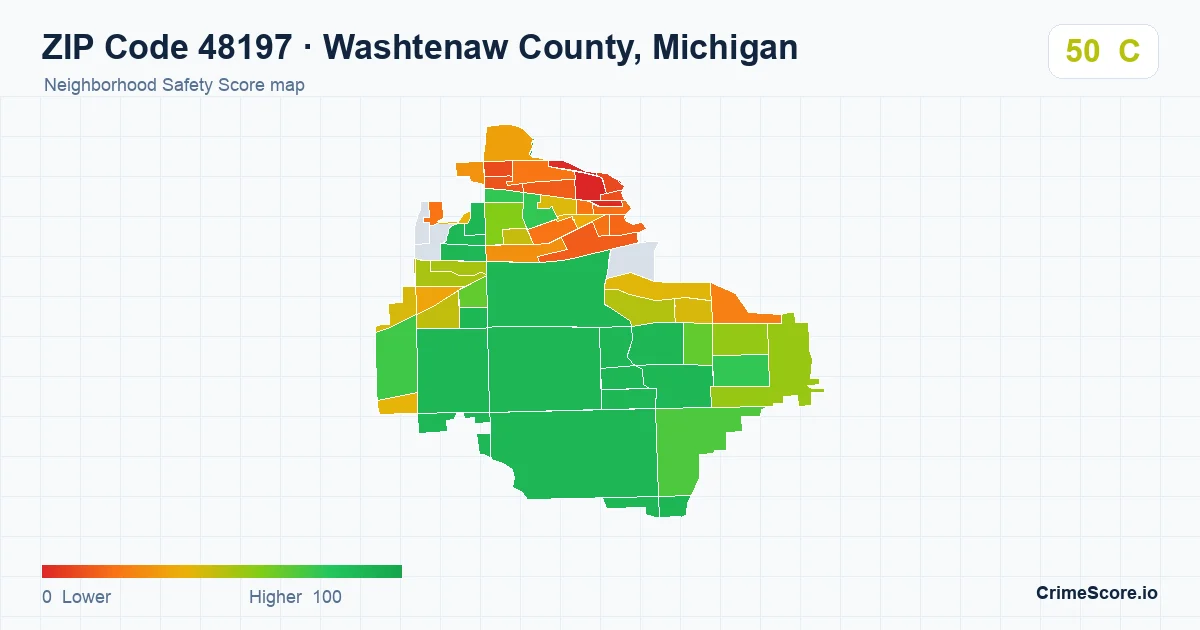 ZIP Code 48197 in Washtenaw County, Michigan neighborhood Safety Score map