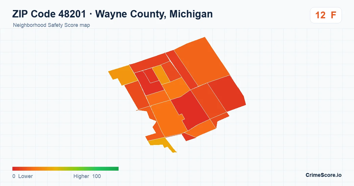 ZIP Code 48201 in Wayne County, Michigan neighborhood Safety Score map