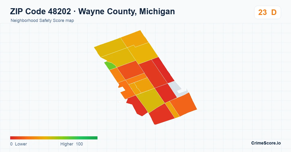ZIP Code 48202 in Wayne County, Michigan neighborhood Safety Score map