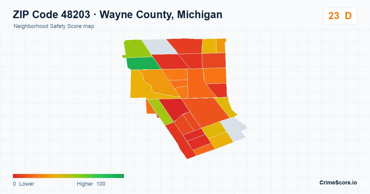 ZIP Code 48203 in Wayne County, Michigan neighborhood Safety Score map