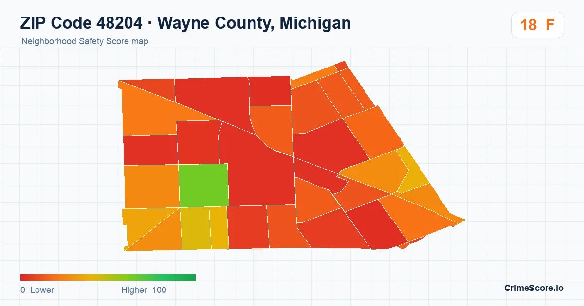 ZIP Code 48204 in Wayne County, Michigan neighborhood Safety Score map