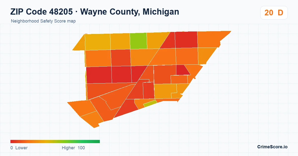 ZIP Code 48205 in Wayne County, Michigan neighborhood Safety Score map