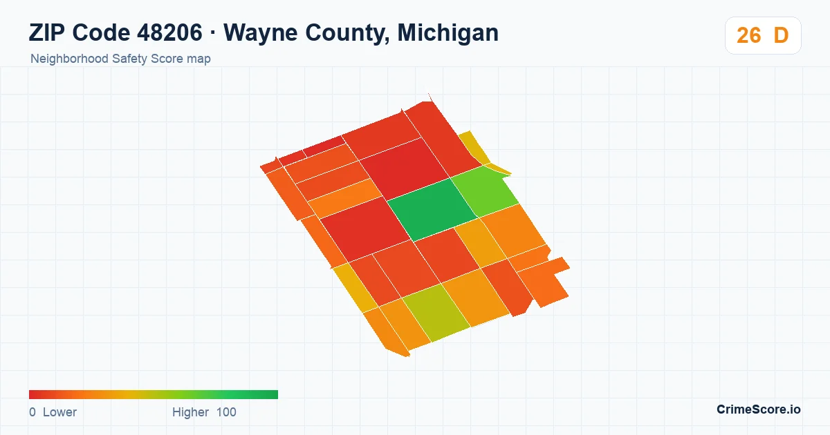 ZIP Code 48206 in Wayne County, Michigan neighborhood Safety Score map