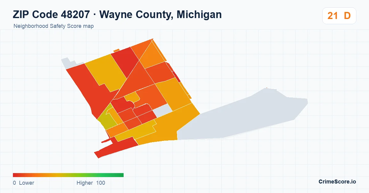 ZIP Code 48207 in Wayne County, Michigan neighborhood Safety Score map