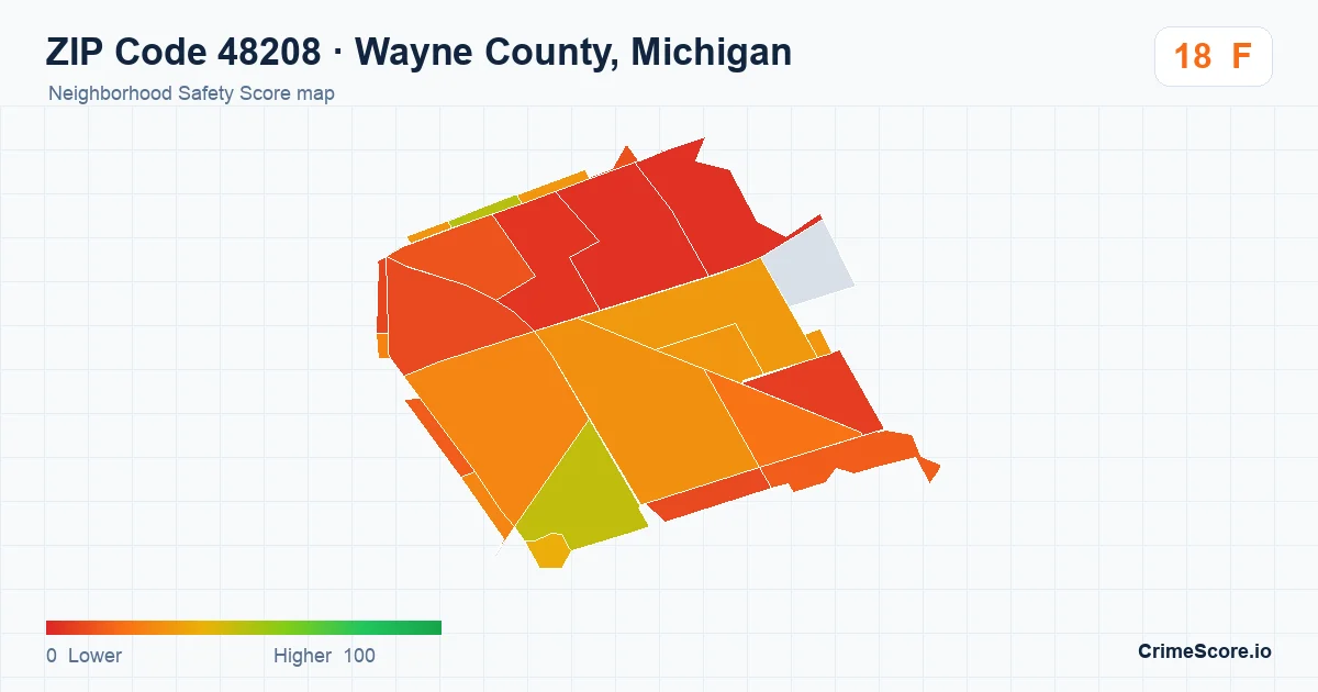 ZIP Code 48208 in Wayne County, Michigan neighborhood Safety Score map