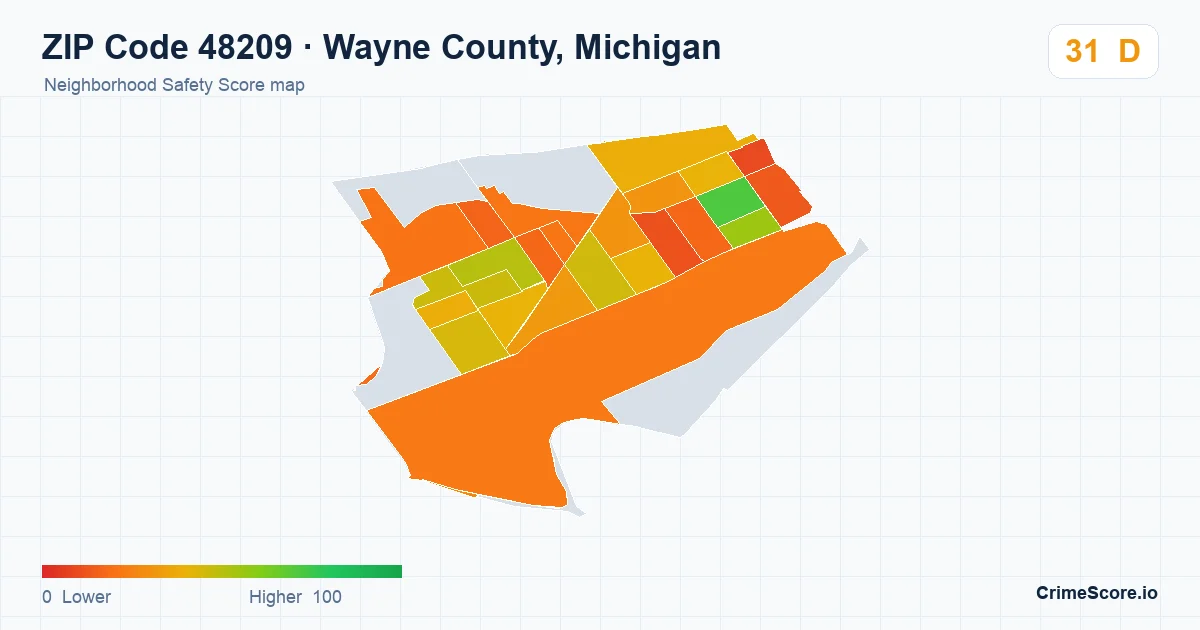 ZIP Code 48209 in Wayne County, Michigan neighborhood Safety Score map