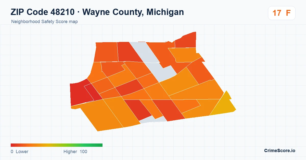 ZIP Code 48210 in Wayne County, Michigan neighborhood Safety Score map