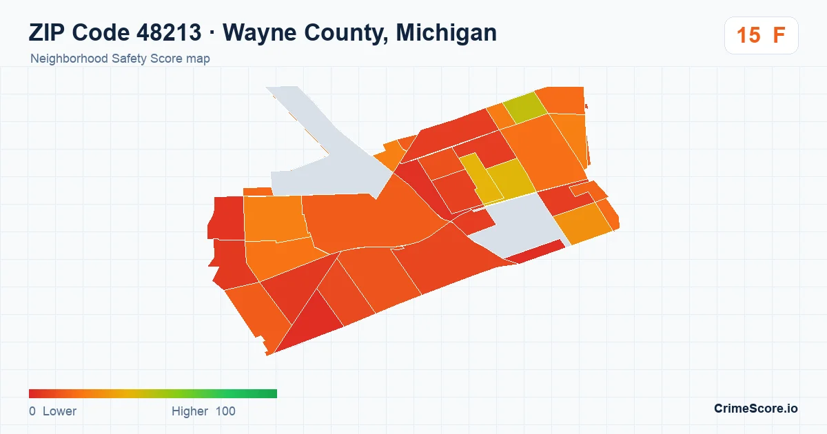 ZIP Code 48213 in Wayne County, Michigan neighborhood Safety Score map
