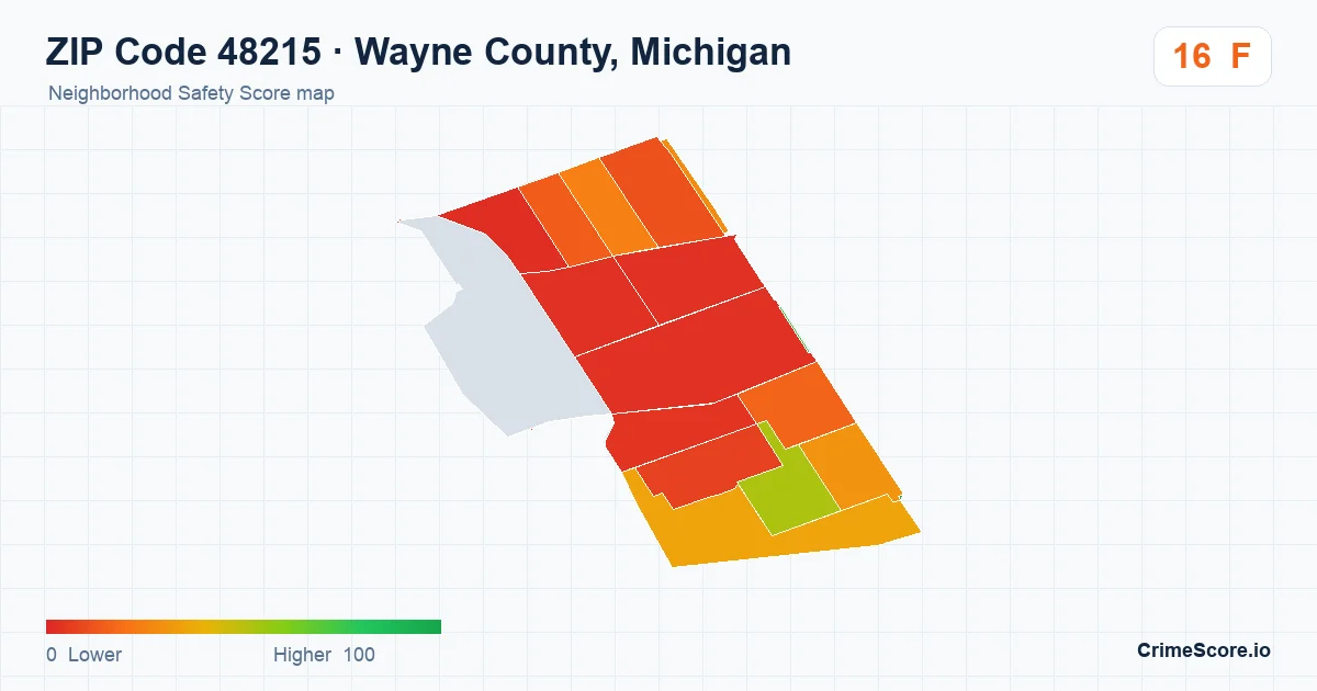 ZIP Code 48215 in Wayne County, Michigan neighborhood Safety Score map