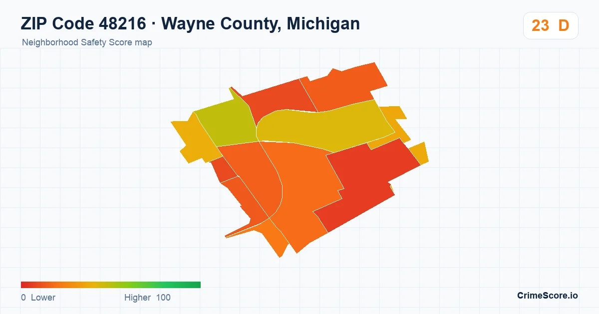 ZIP Code 48216 in Wayne County, Michigan neighborhood Safety Score map