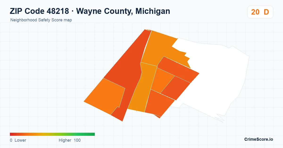 ZIP Code 48218 in Wayne County, Michigan neighborhood Safety Score map