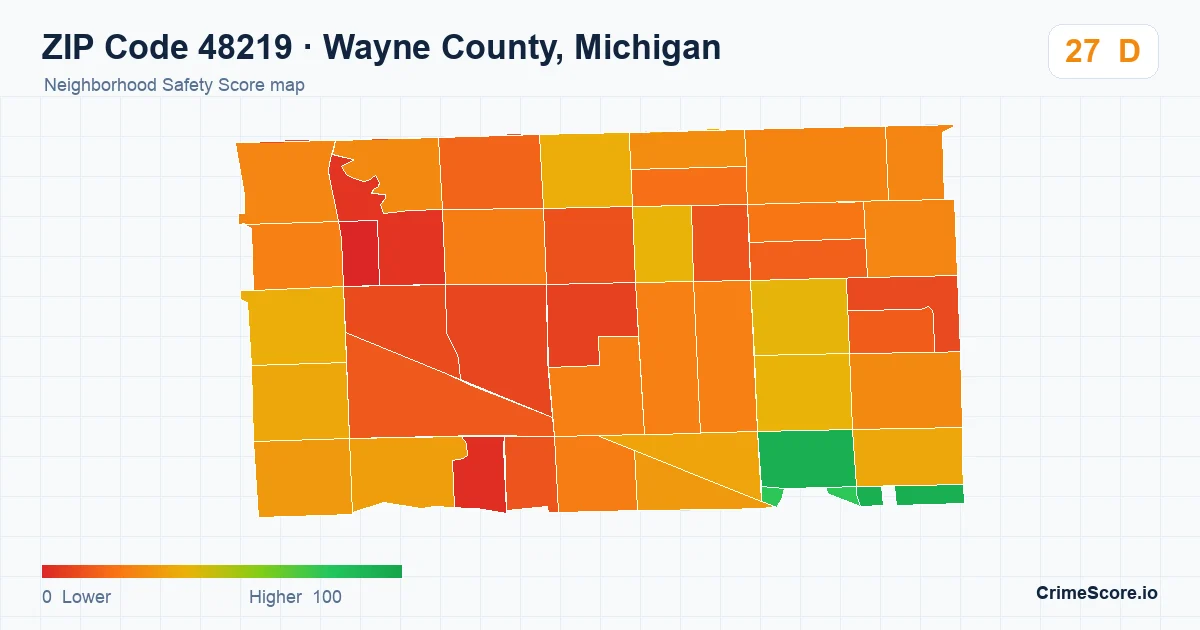 ZIP Code 48219 in Wayne County, Michigan neighborhood Safety Score map
