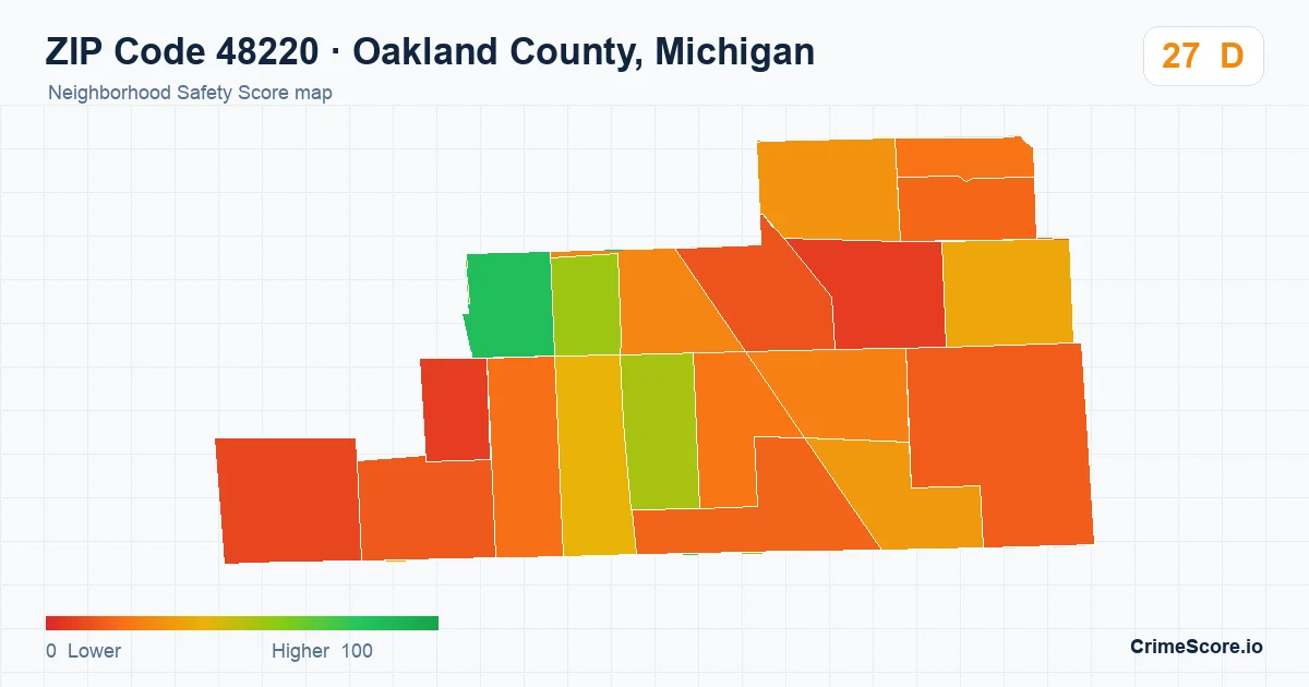 ZIP Code 48220 in Oakland County, Michigan neighborhood Safety Score map