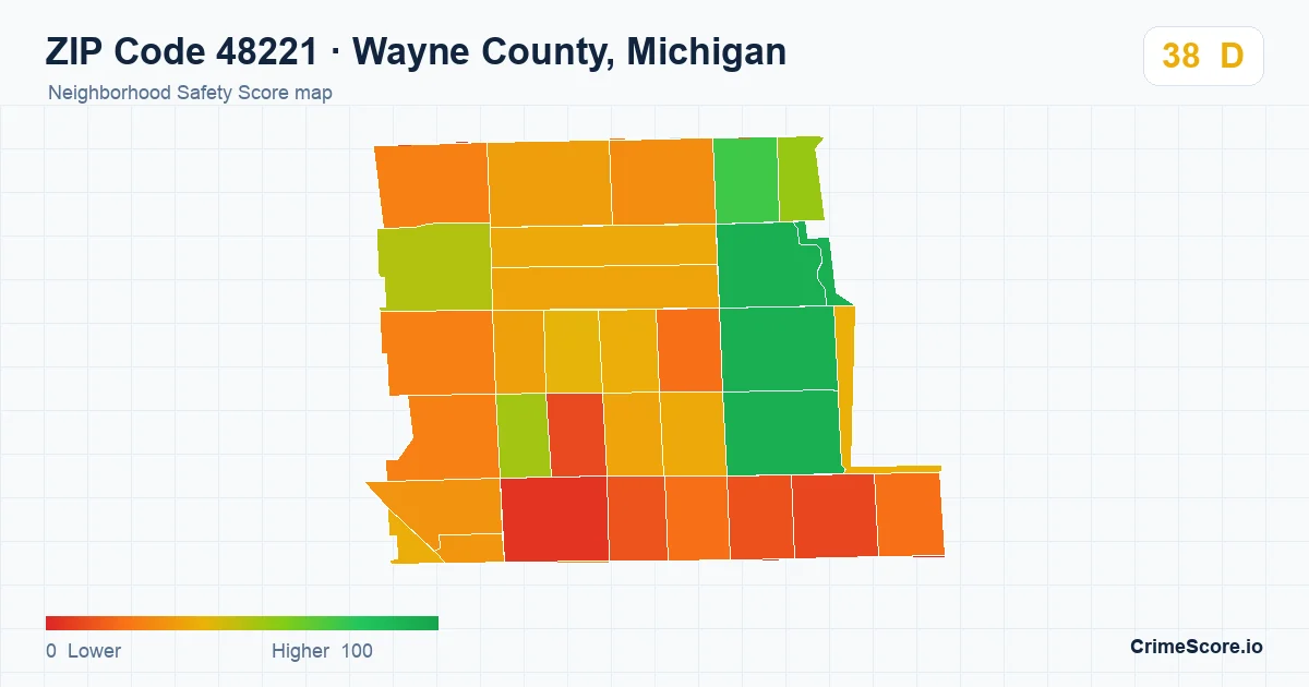 ZIP Code 48221 in Wayne County, Michigan neighborhood Safety Score map