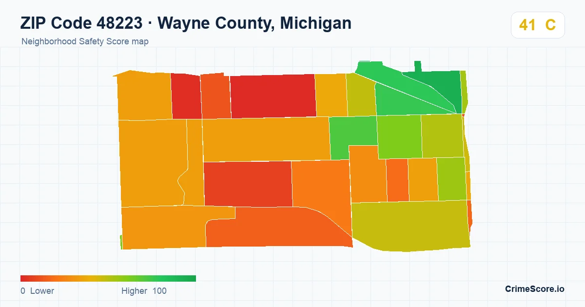 ZIP Code 48223 in Wayne County, Michigan neighborhood Safety Score map