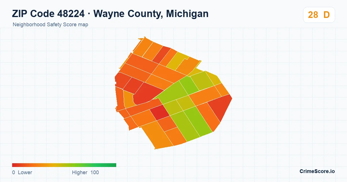 ZIP Code 48224 in Wayne County, Michigan neighborhood Safety Score map