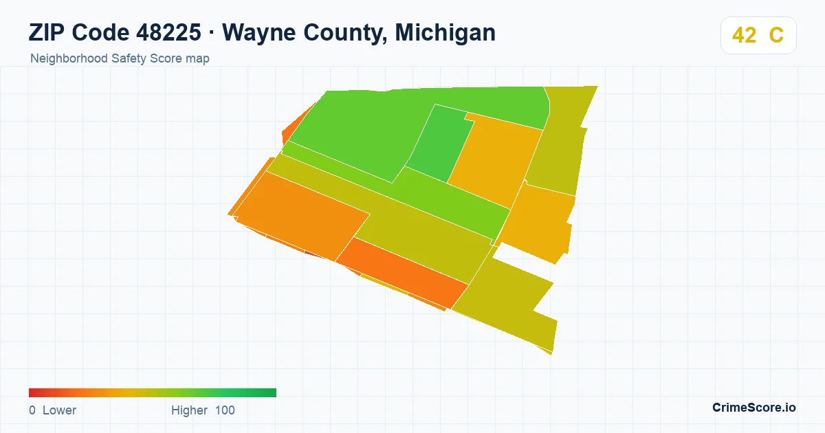 ZIP Code 48225 in Wayne County, Michigan neighborhood Safety Score map