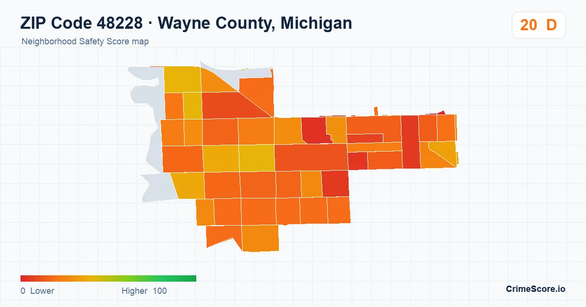 ZIP Code 48228 in Wayne County, Michigan neighborhood Safety Score map
