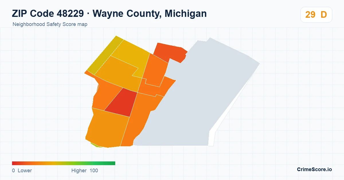 ZIP Code 48229 in Wayne County, Michigan neighborhood Safety Score map