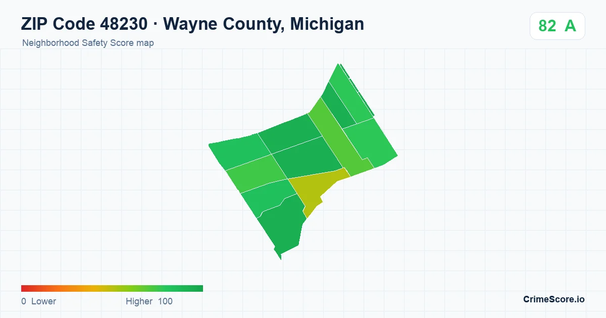 ZIP Code 48230 in Wayne County, Michigan neighborhood Safety Score map