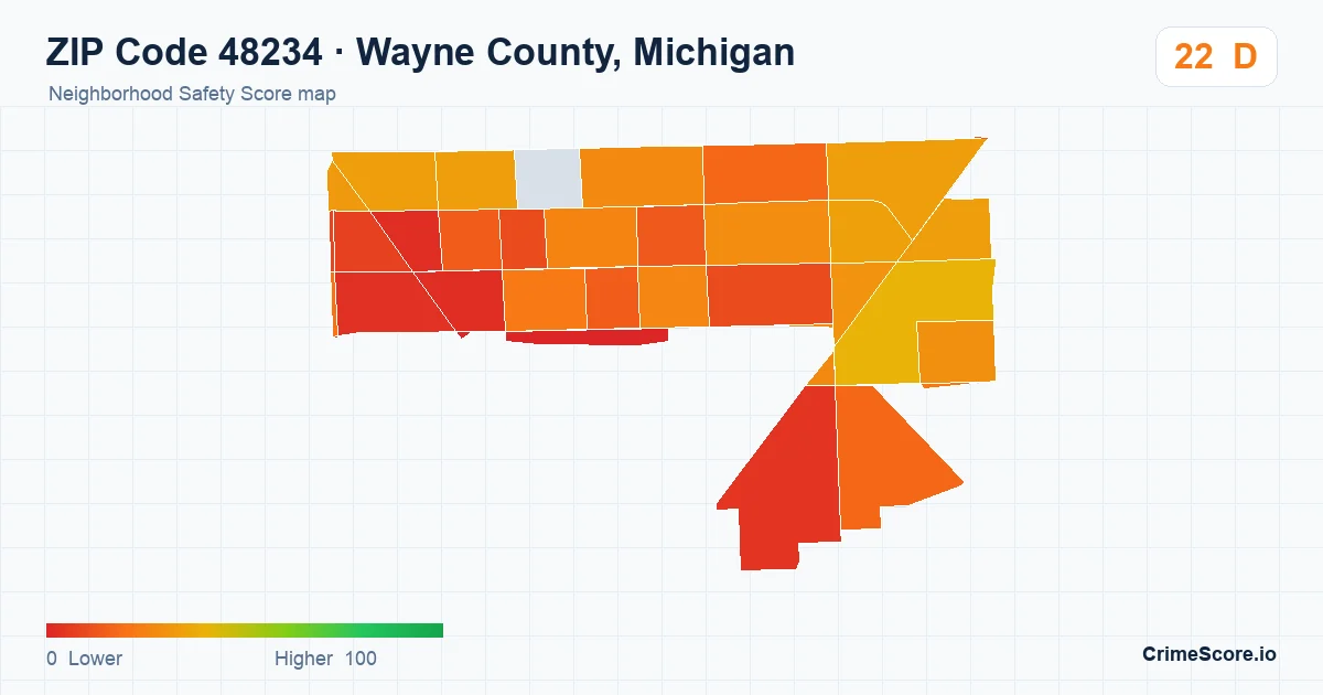 ZIP Code 48234 in Wayne County, Michigan neighborhood Safety Score map