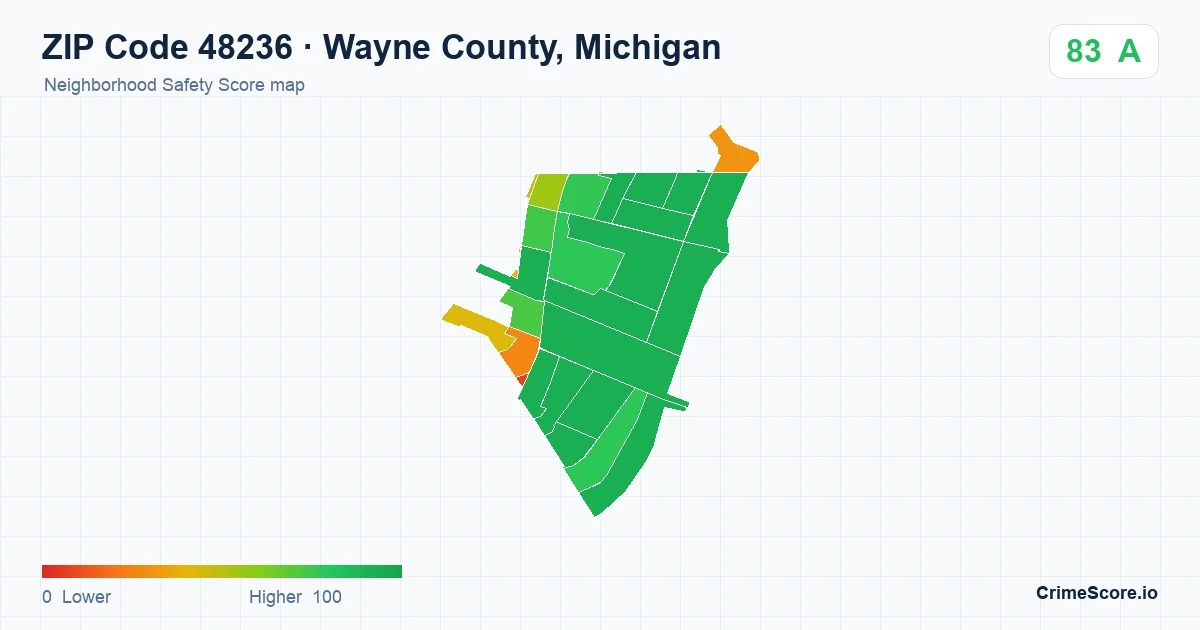 ZIP Code 48236 in Wayne County, Michigan neighborhood Safety Score map