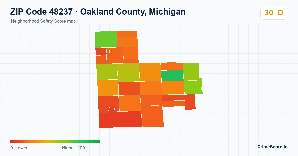 ZIP Code 48237 in Oakland County, Michigan neighborhood Safety Score map