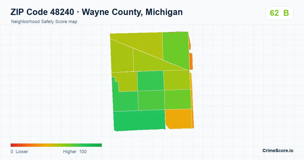 ZIP Code 48240 in Wayne County, Michigan neighborhood Safety Score map