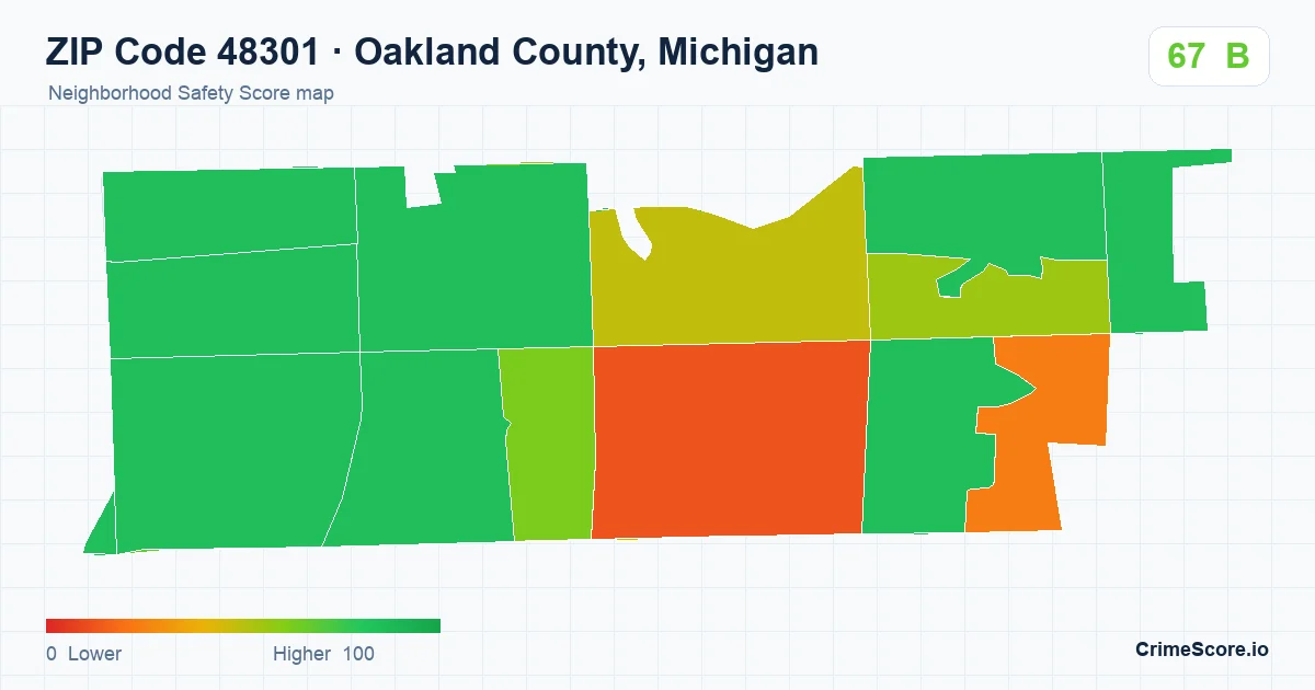 ZIP Code 48301 in Oakland County, Michigan neighborhood Safety Score map