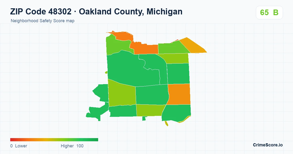 ZIP Code 48302 in Oakland County, Michigan neighborhood Safety Score map
