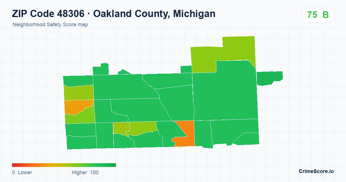 ZIP Code 48306 in Oakland County, Michigan neighborhood Safety Score map