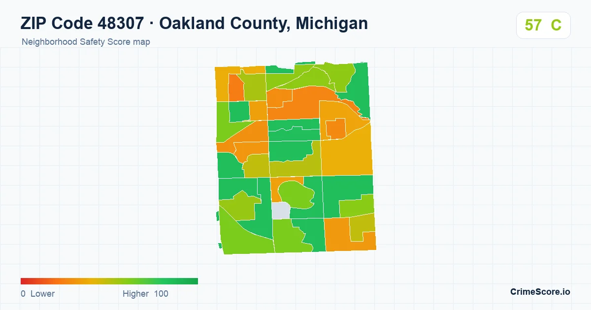 ZIP Code 48307 in Oakland County, Michigan neighborhood Safety Score map