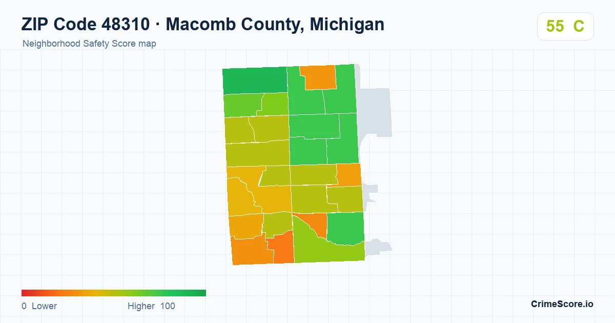 ZIP Code 48310 in Macomb County, Michigan neighborhood Safety Score map