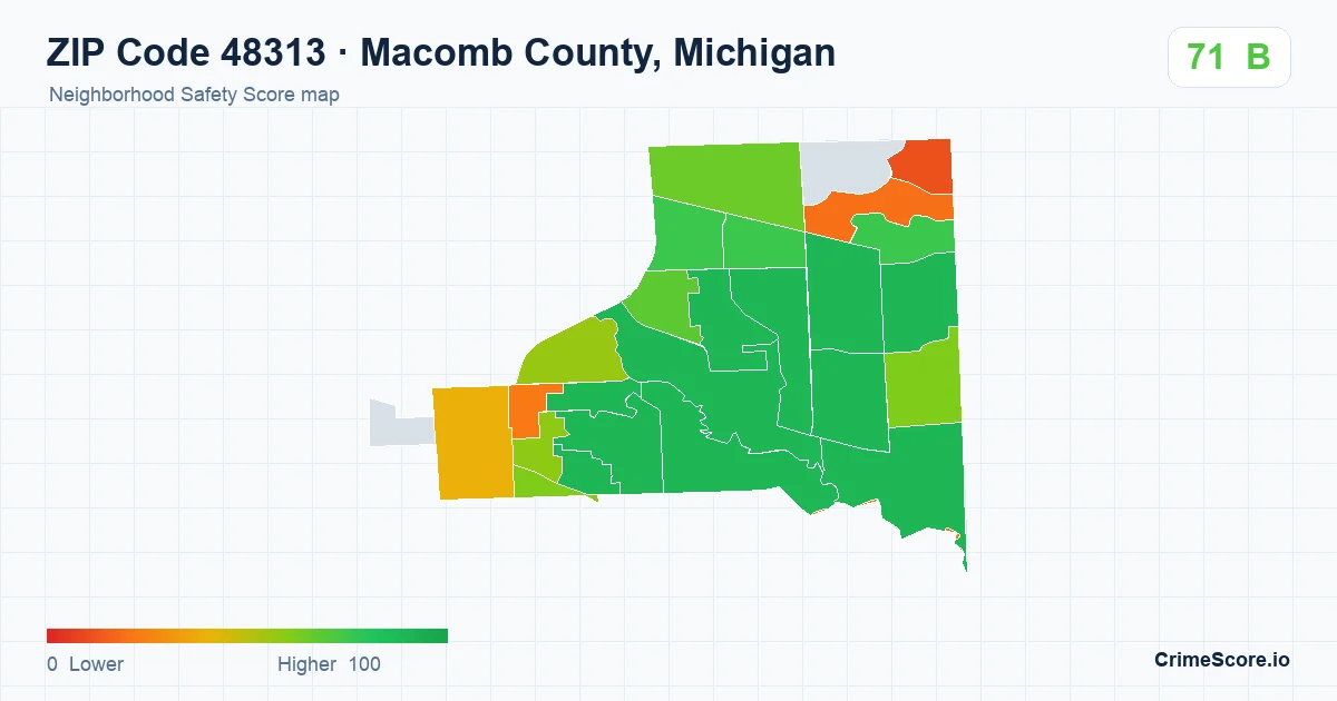 ZIP Code 48313 in Macomb County, Michigan neighborhood Safety Score map