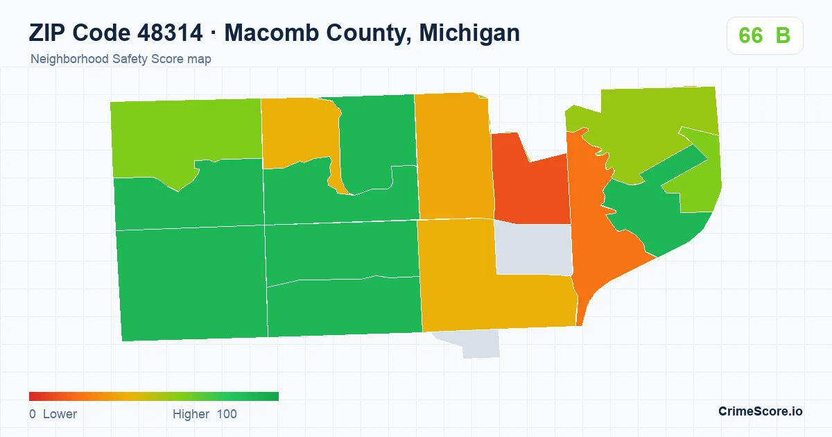 ZIP Code 48314 in Macomb County, Michigan neighborhood Safety Score map
