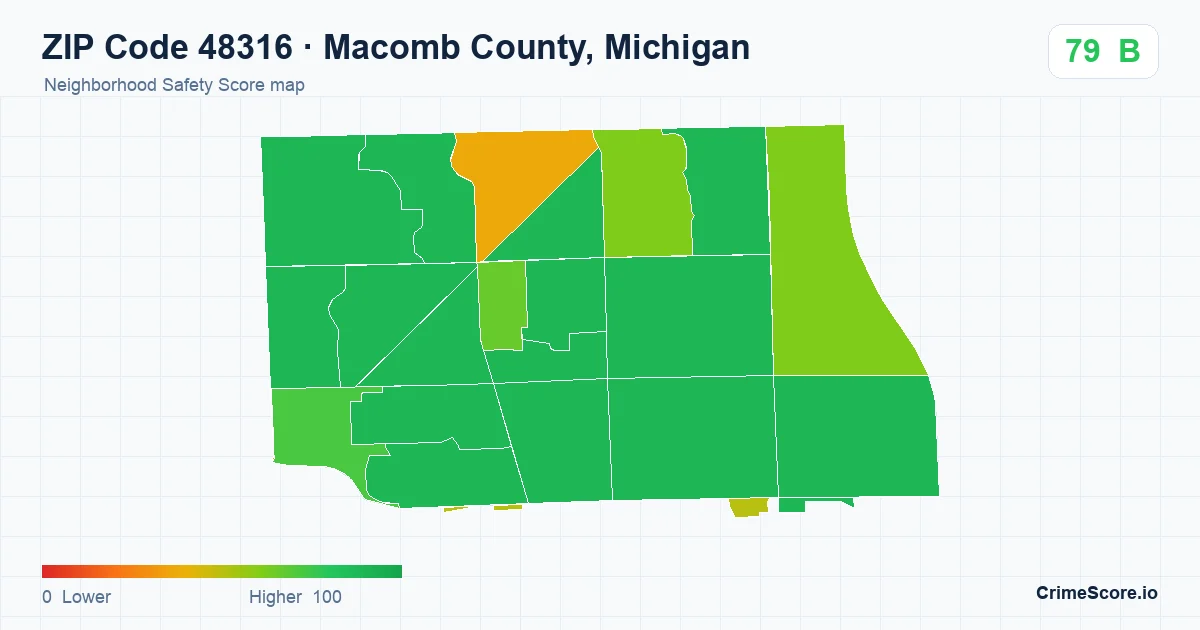 ZIP Code 48316 in Macomb County, Michigan neighborhood Safety Score map