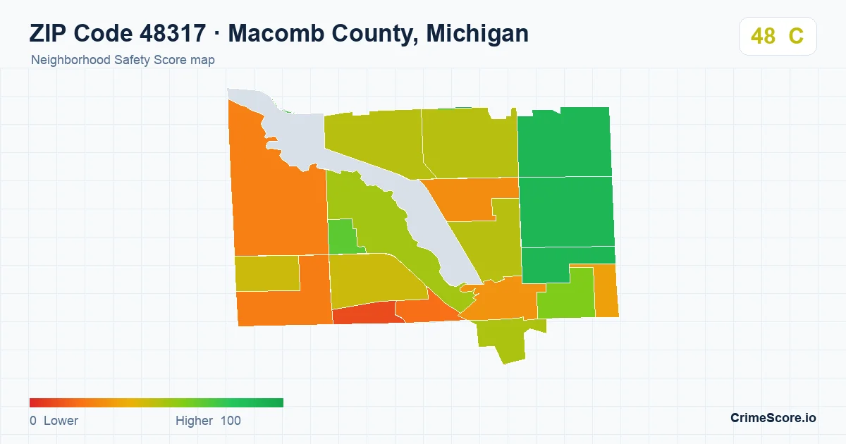 ZIP Code 48317 in Macomb County, Michigan neighborhood Safety Score map