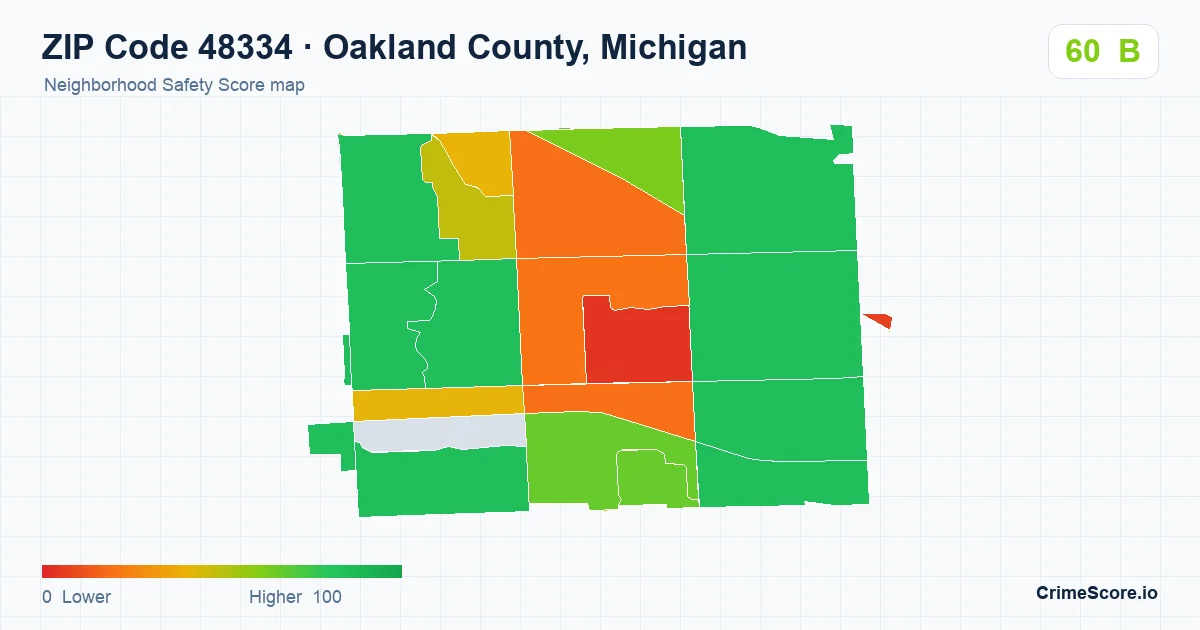 ZIP Code 48334 in Oakland County, Michigan neighborhood Safety Score map