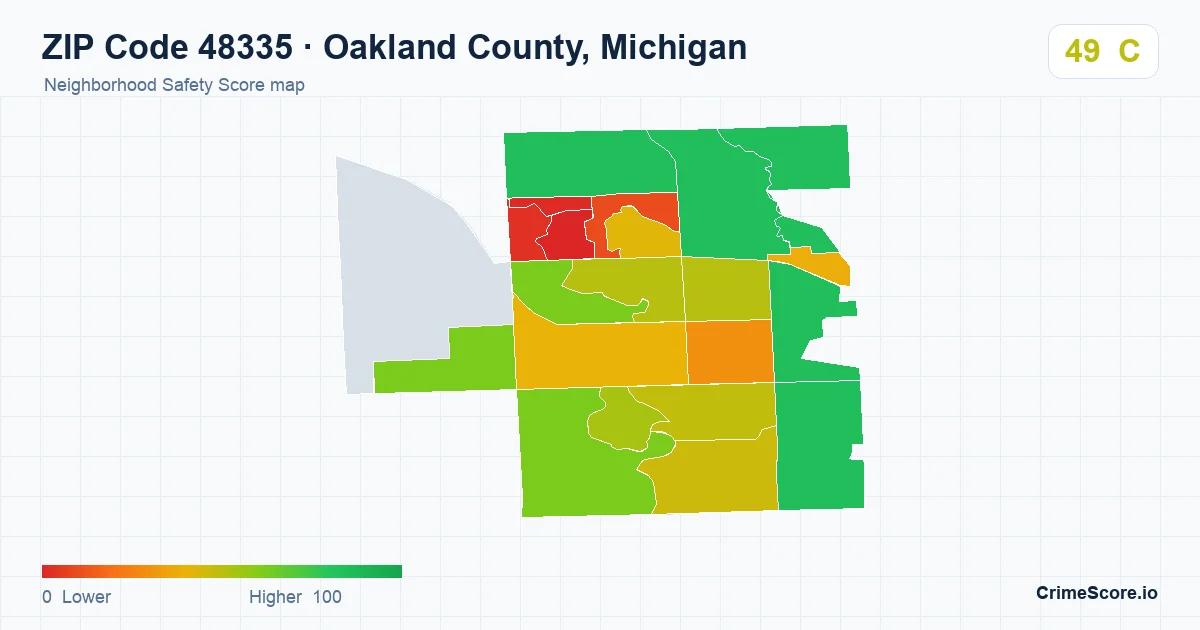 ZIP Code 48335 in Oakland County, Michigan neighborhood Safety Score map