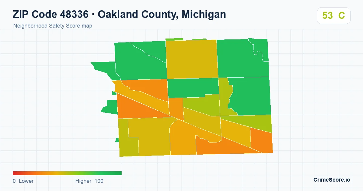 ZIP Code 48336 in Oakland County, Michigan neighborhood Safety Score map