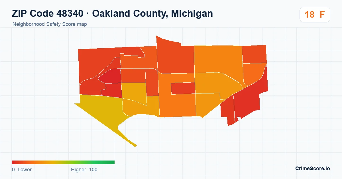 ZIP Code 48340 in Oakland County, Michigan neighborhood Safety Score map