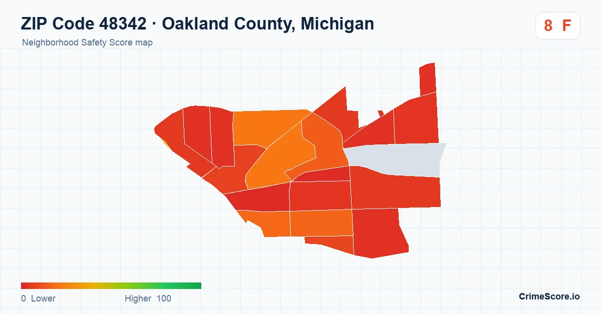 ZIP Code 48342 in Oakland County, Michigan neighborhood Safety Score map