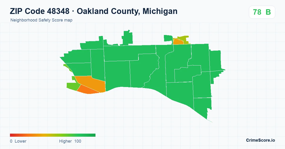 ZIP Code 48348 in Oakland County, Michigan neighborhood Safety Score map