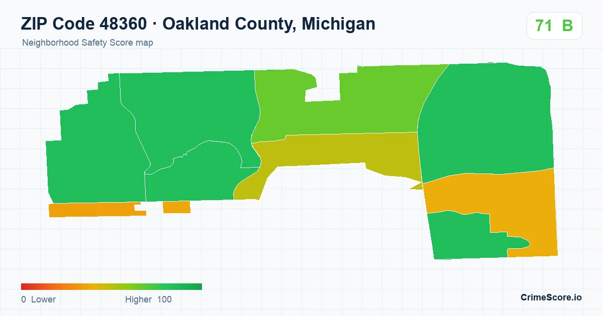 ZIP Code 48360 in Oakland County, Michigan neighborhood Safety Score map