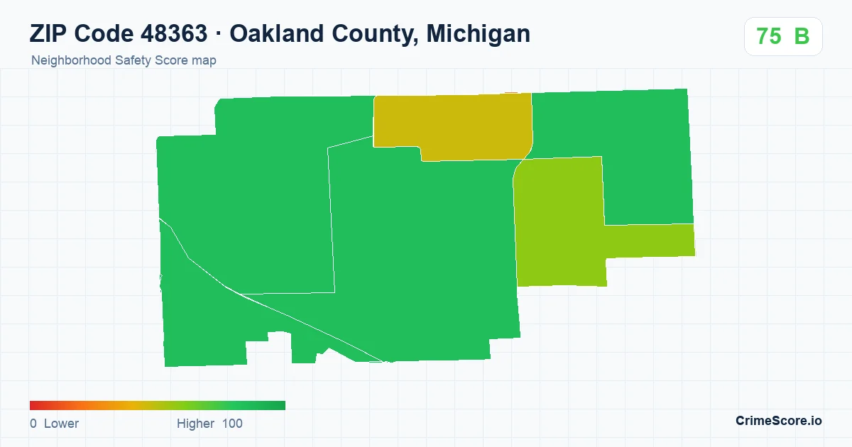 ZIP Code 48363 in Oakland County, Michigan neighborhood Safety Score map