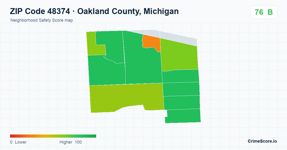 ZIP Code 48374 in Oakland County, Michigan neighborhood Safety Score map